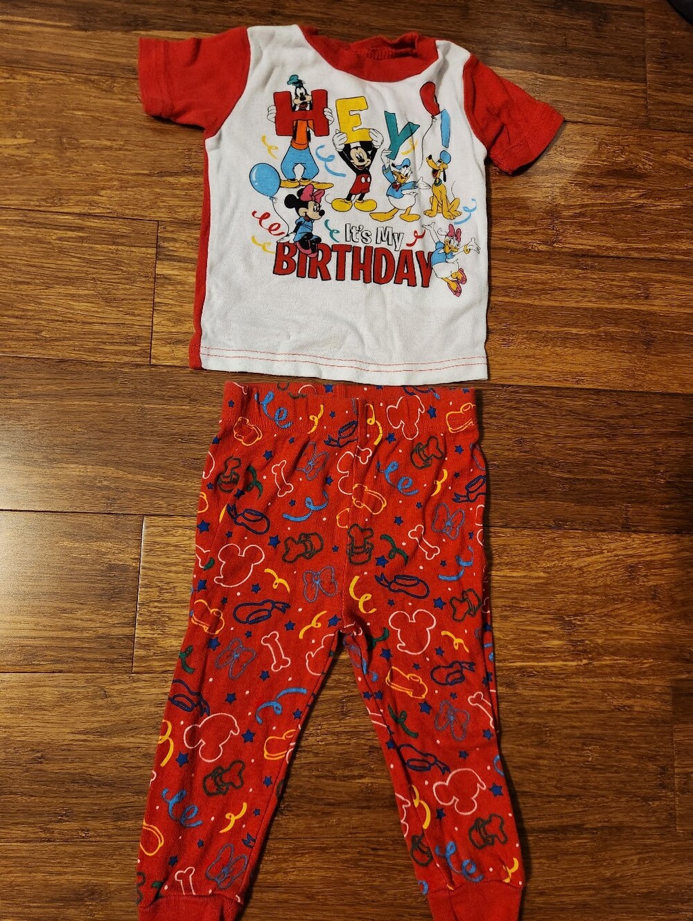 Disney Kids Birthday Mickey Mouse Pajama Short Sleeve Pants Sleepwear Set, 2T